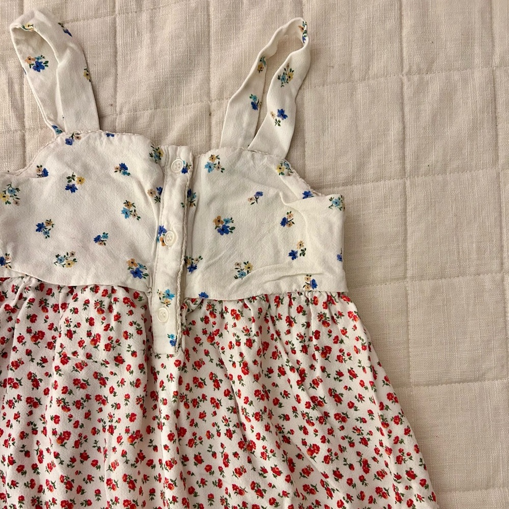 Zara White Linen Dress with Red and Blue Floral Print